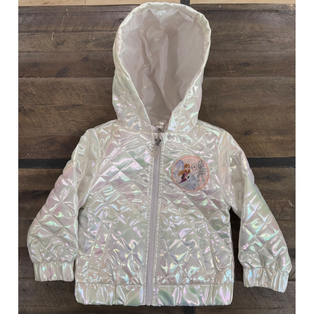 Disney Frozen Anna Elsa Iridescent Quilted Puffer Jacket White Girls Size 3T
